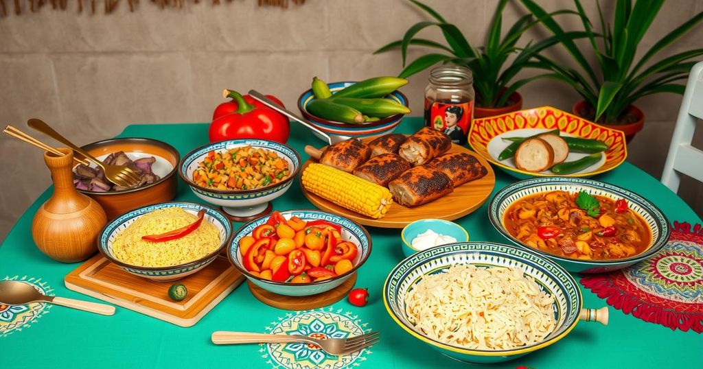 Vibrant Peruvian culinary festival scene showcasing exotic dishes, colorful ingredients, and cultural elements.