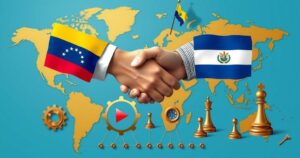 A diplomatic negotiation scene with symbolic Venezuelan and Salvadoran elements, emphasizing international relations and strategy.