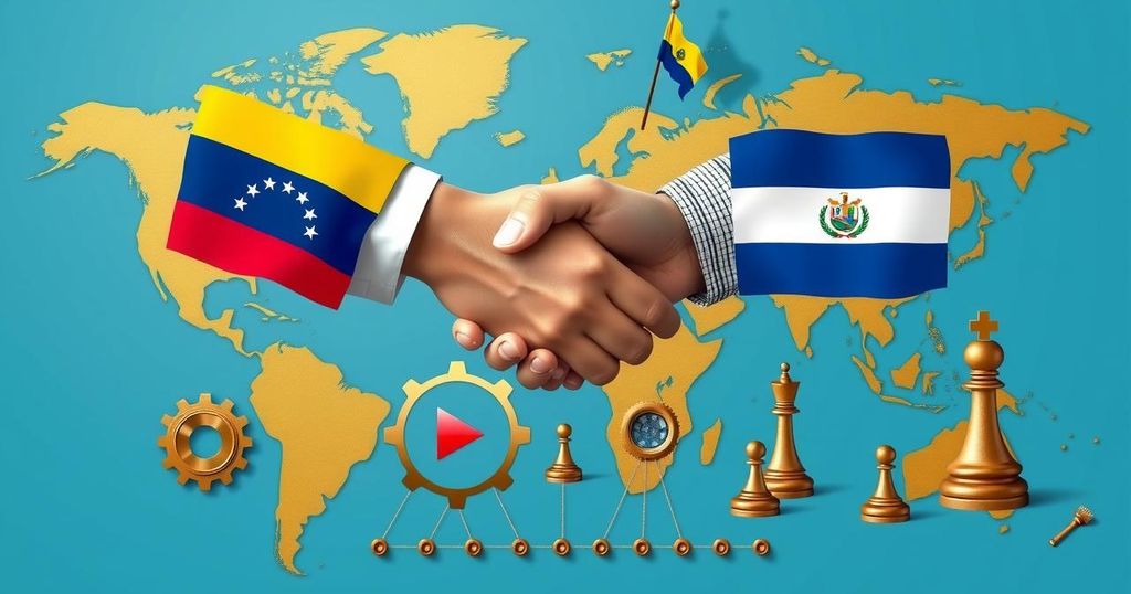 A diplomatic negotiation scene with symbolic Venezuelan and Salvadoran elements, emphasizing international relations and strategy.