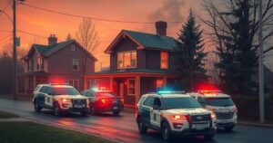 Dramatic police rescue scene with a house, police vehicles, and absent figures in a warm color palette.