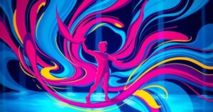 Colorful abstract representation of a musician performing on stage, surrounded by vibrant swirls and energetic lines.