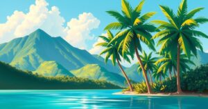 Landscape of Central America showing tropical scenery and palm trees, symbolizing recovery and hope for migrants.