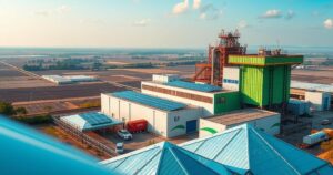 A lithium processing facility in Nigeria with green energy elements, showcasing technology and innovation in a vibrant landscape.