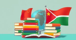 A symbolic representation of education exchange showcasing books, flags, and a globe in vibrant colors.