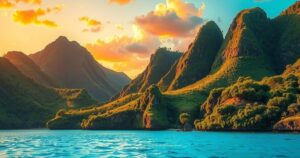 Illustration of St Lucia's vibrant landscape with lush green hills and blue waters under a colorful sunset.
