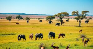 A serene African landscape showcasing wildlife and greenery under a bright blue sky.