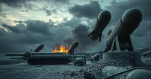 A military-themed scene showing artillery shells and missiles in a strategic setting, emphasizing military cooperation.