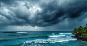Tropical weather scene with dark clouds and rain near coastal areas, showcasing the impact of seasonal storms.