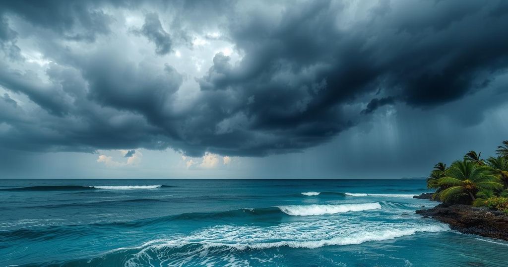 Tropical weather scene with dark clouds and rain near coastal areas, showcasing the impact of seasonal storms.