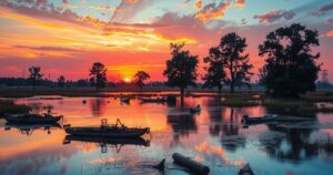 A flood-affected Texas landscape with rescue equipment and a sunset backdrop, reflecting community aid efforts during disasters.
