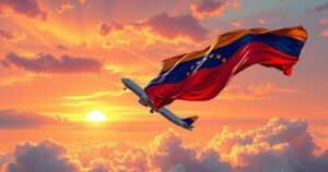 Venezuelan flag fluttering with an airplane taking off against a sunset sky, symbolizing freedom and reunification.