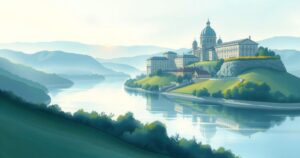 A serene landscape showing a peaceful cityscape with soft hues of blue and green, inspired by impressionist art.