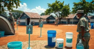 Service members in Liberia practicing health protocols with hand sanitizer, bleach buckets, and exercise equipment.