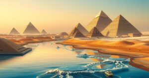 A serene Nile River with ancient pyramids in the distance, embodying the beauty and history of Egypt's all-inclusive tours.