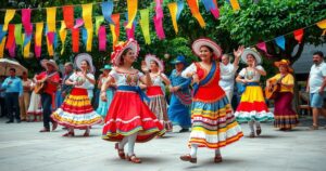 Colorful scene depicting a vibrant outdoor festival with traditional dancers and musical instruments under a clear sky.