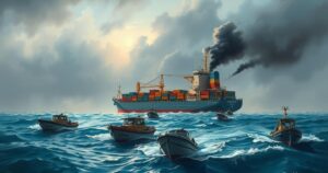 A dramatic scene in the Red Sea showcasing a cargo ship amid small boats and clouds, depicting maritime conflict.