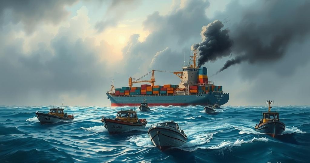 A dramatic scene in the Red Sea showcasing a cargo ship amid small boats and clouds, depicting maritime conflict.