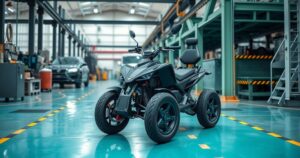 A fully electric quadricycle celebrates in a vibrant factory, showcasing renewable energy innovation in Morocco.
