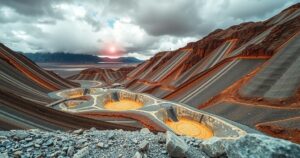 A serene gold mine landscape with rocky terrain and cloudy skies, capturing the essence of mining activities in remote areas.