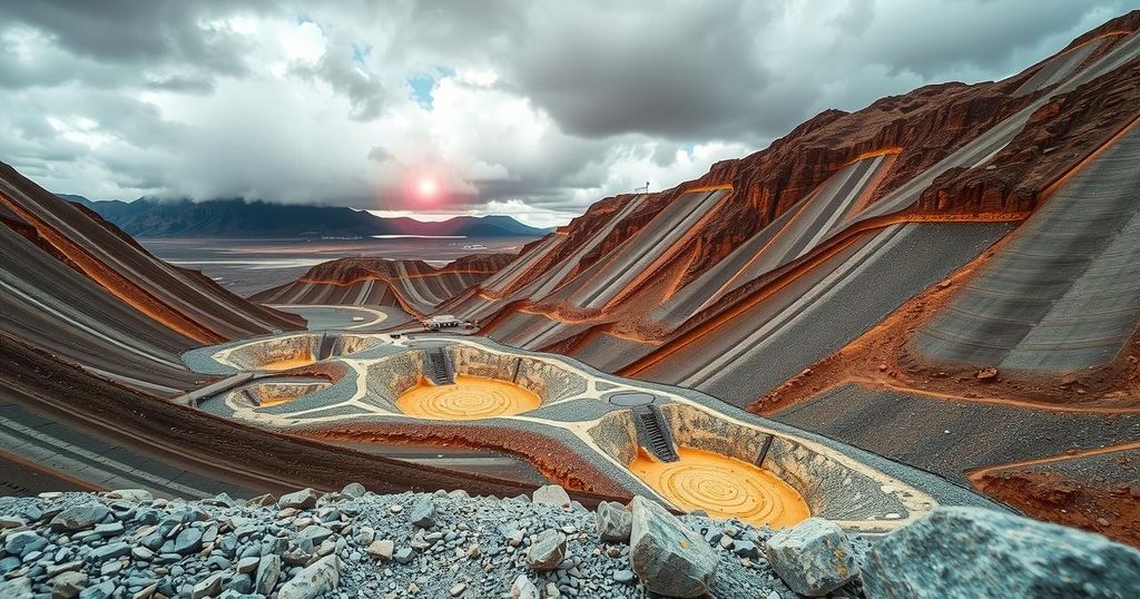 A serene gold mine landscape with rocky terrain and cloudy skies, capturing the essence of mining activities in remote areas.