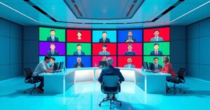 Virtual meeting of opposition leaders discussing key issues in a digital setting with a collaborative atmosphere.