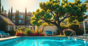 Vibrant poolside scene featuring a tall tree and bright sun, symbolizing growth and joy in a joyful environment.