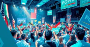 A vibrant political rally scene with colorful banners and campaign materials, symbolizing election enthusiasm.