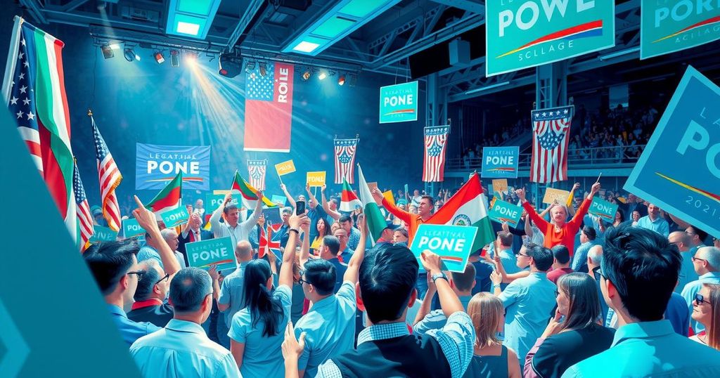A vibrant political rally scene with colorful banners and campaign materials, symbolizing election enthusiasm.