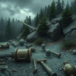 A gold mine in a dense forest with tools and equipment scattered, under a gloomy sky with dark colors.
