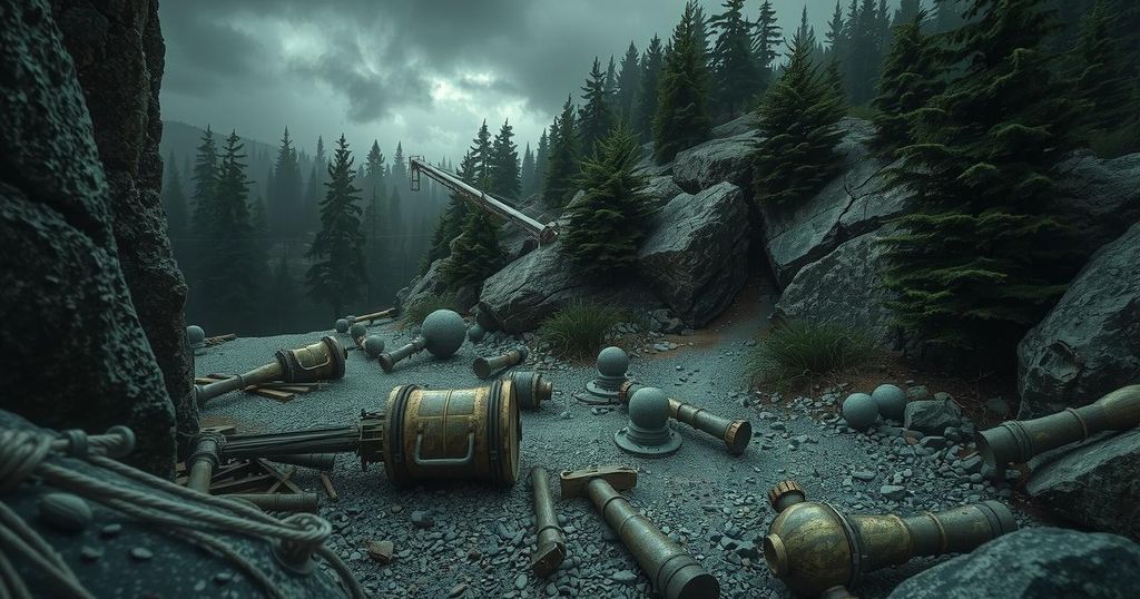 A gold mine in a dense forest with tools and equipment scattered, under a gloomy sky with dark colors.