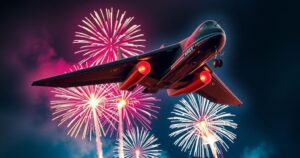 A military B-2 Spirit bomber soaring above a festive July 4 celebration with vibrant fireworks in the night sky.