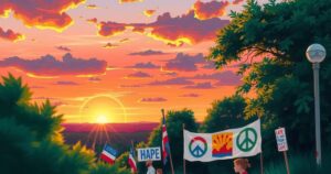 A scene of peaceful protest with a sunset background, showcasing vibrant colors and a serene atmosphere.