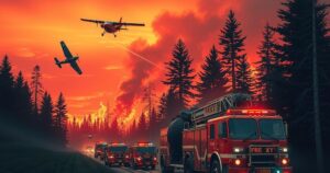 Firefighting aircraft and vehicles combating wildfires in a forested region during sunset.