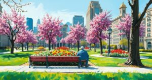 A lively city park with vibrant flowers blooming and an empty bench, symbolizing civic engagement and community spirit.