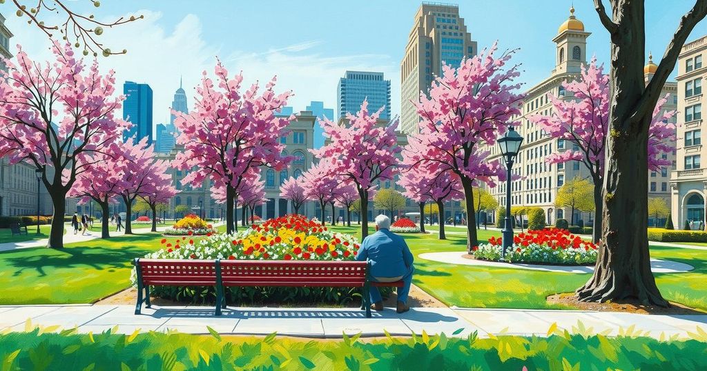 A lively city park with vibrant flowers blooming and an empty bench, symbolizing civic engagement and community spirit.