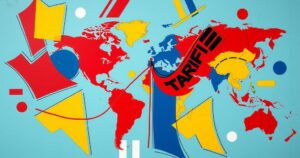 A vibrant political landscape featuring an abstract representation of tariffs with flags and geographic elements.