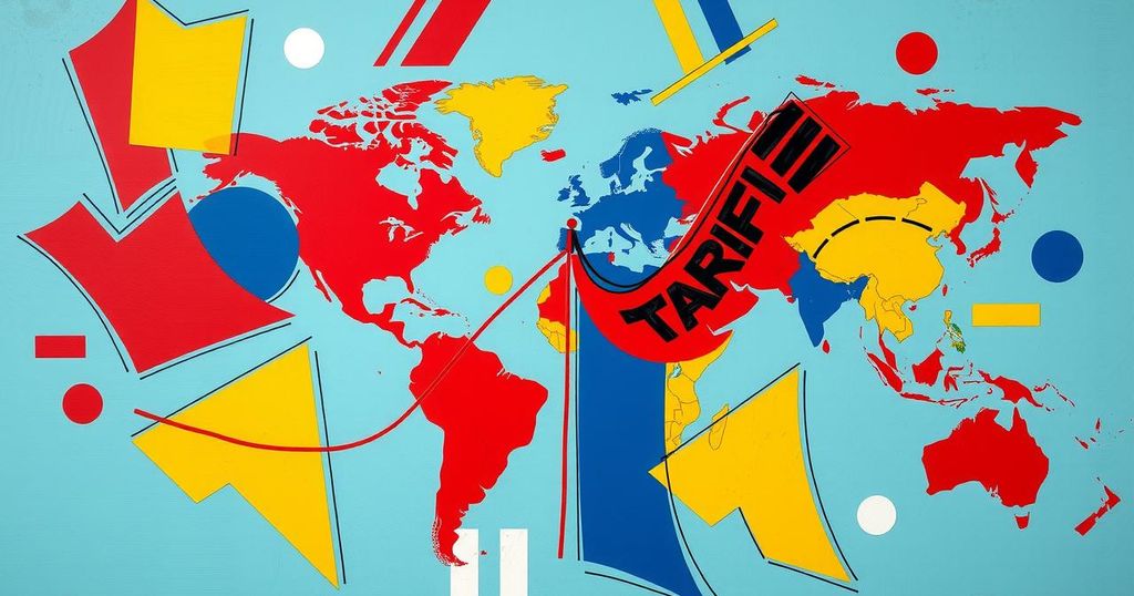 A vibrant political landscape featuring an abstract representation of tariffs with flags and geographic elements.