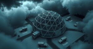 Aerial view of a geodesic dome surrounded by military infrastructure under a stormy sky.