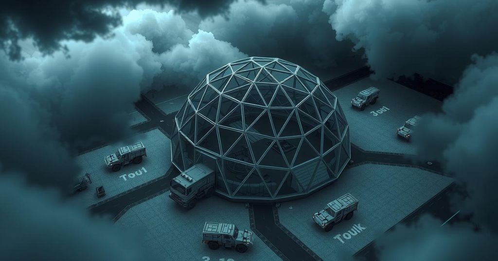 Aerial view of a geodesic dome surrounded by military infrastructure under a stormy sky.