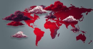 A symbolic representation of international tension featuring a stylized map, military hints, and abstract clouds.