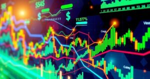 Colorful depiction of financial graphs showing currency exchange rates and trends in a modern style with vibrant hues.
