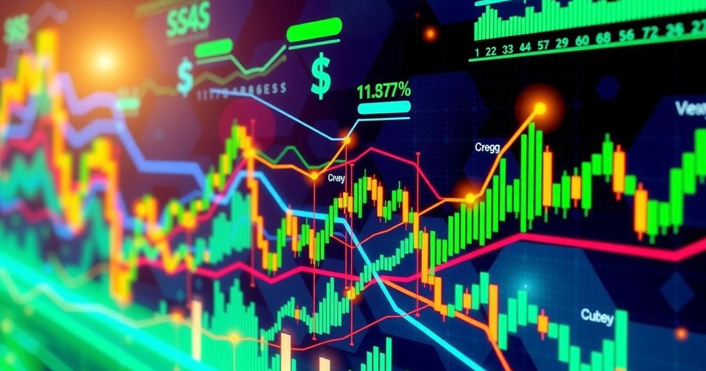 Colorful depiction of financial graphs showing currency exchange rates and trends in a modern style with vibrant hues.