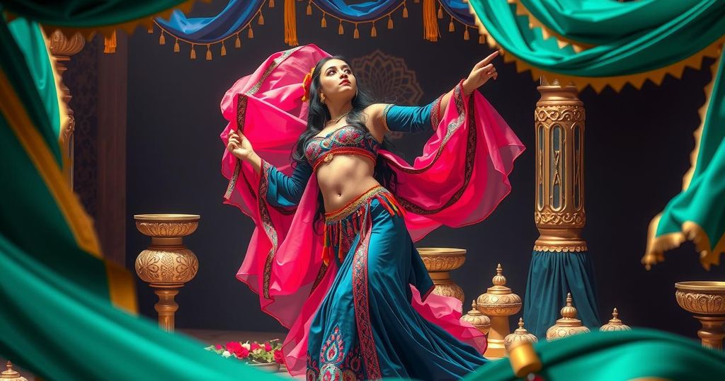 A belly dancer performing gracefully with colorful fabrics in a vibrant setting, showcasing art and cultural expression.