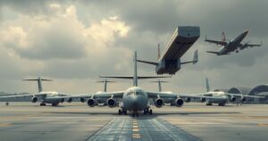 Transport planes at Pyongyang airport ready for troop deployment, showcasing military readiness and collaboration.