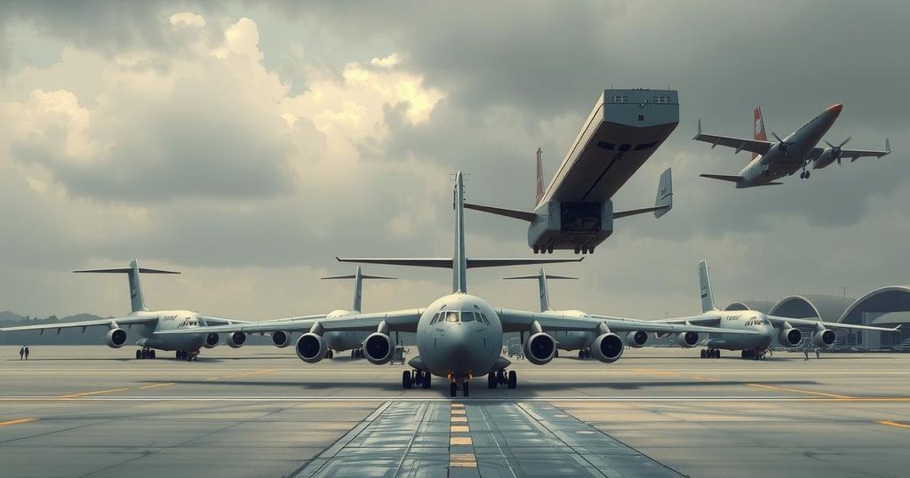 Transport planes at Pyongyang airport ready for troop deployment, showcasing military readiness and collaboration.