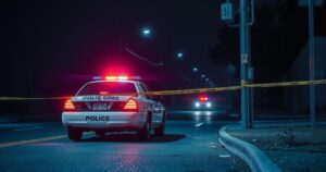 A police car with flashing lights parked near a crime scene with caution tape, evoking a sense of law enforcement action.