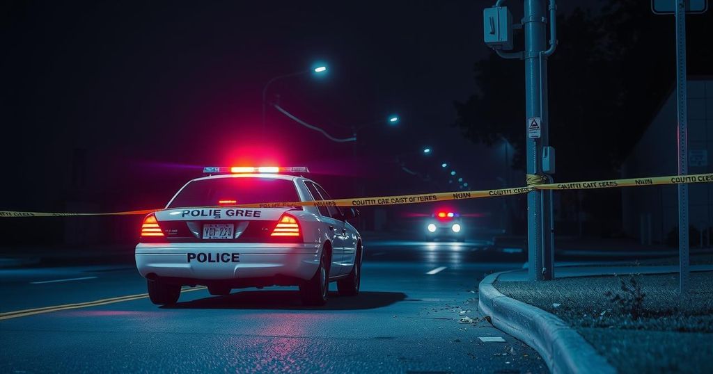 A police car with flashing lights parked near a crime scene with caution tape, evoking a sense of law enforcement action.