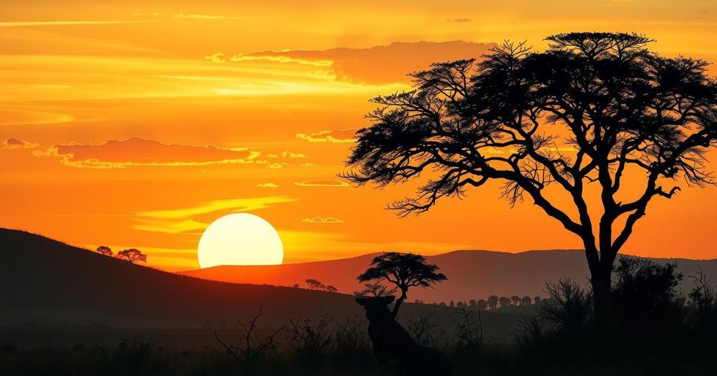 A warm sunset over a serene African landscape with silhouettes of trees and mountains in soft earthy colors.