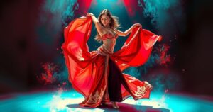 A vibrant, colorful illustration of a belly dancer performing with silk veils, spotlighted in a lively stage setting.