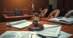 A tense courtroom scene depicting the legal proceedings with the gavel and papers, highlighting justice themes.